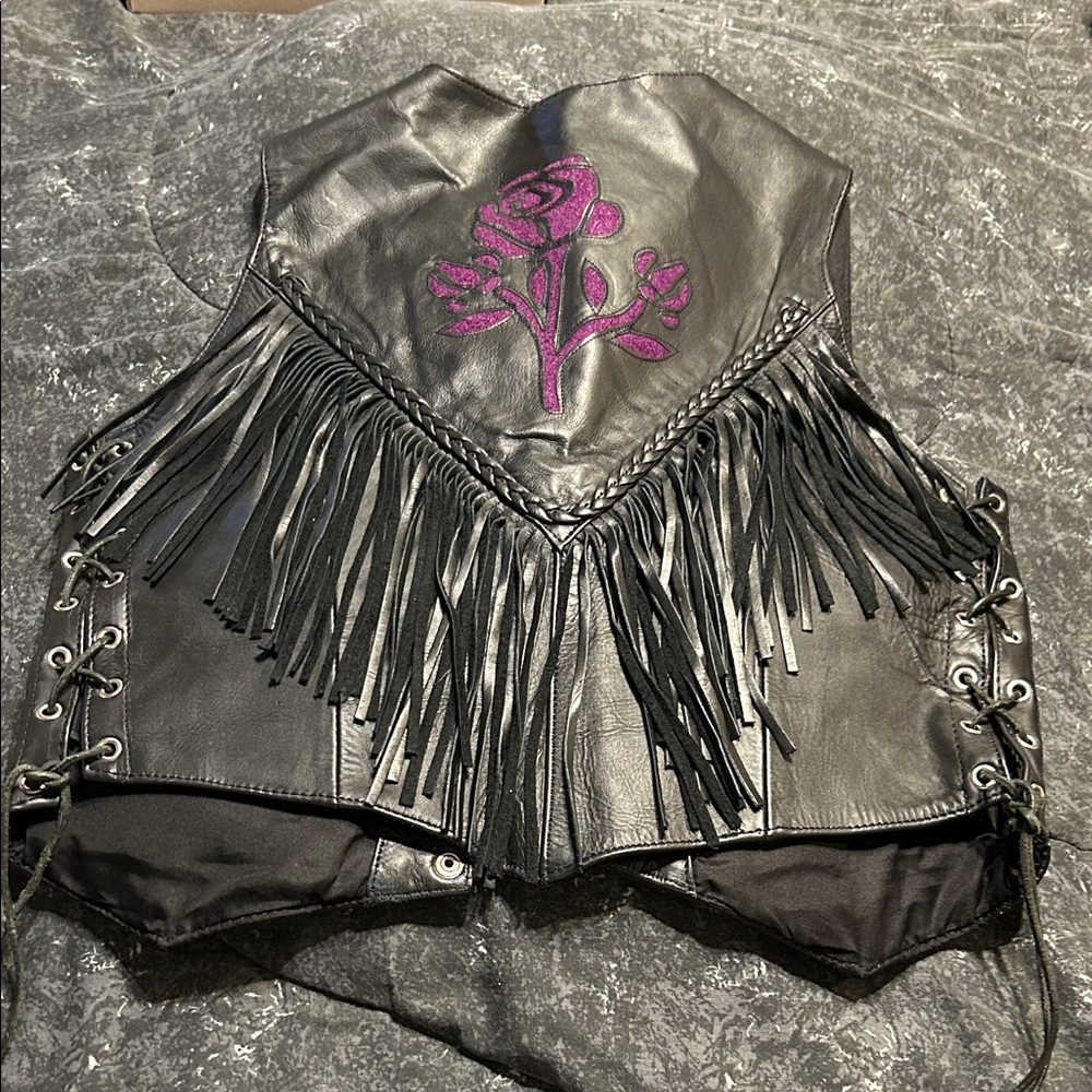 Unik Black Leather Vest with Fringe and Embroidery